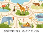 Animal zoo or wild tropical park vector image. Africa and safari wildlife menagerie. Family on excursion near lion and elephant, giraffe and Scimitar oryx, hippopotamus and flamingo. Africa nature
