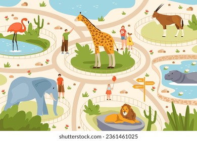 Animal zoo or wild tropical park vector image. Africa and safari wildlife menagerie. Family on excursion near lion and elephant, giraffe and Scimitar oryx, hippopotamus and flamingo. Africa nature