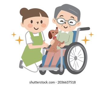 Animal-assisted therapy, senior men and caregivers interacting with animals