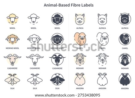 Animal-Based Fibre Labels Set: Wool, Merino, Cashmere, Silk, Alpaca, Camel, Mohair, Angora
