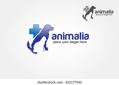 Animalia Vector Logo Template. Blue cross medical veterinary sign with silhouette pets. It's good for veterinary logo, pet shop logo, and all related with pets 