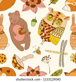 Animalistic and botanical seamless pattern of forest beasts on a white background. Stylized hand drawn print in organic theme. Containts flowers, owls, foxes, bears, dragonfly, leaves etc.