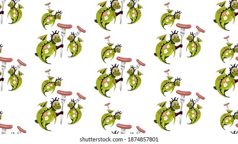 
Animalistic childish pattern. Dragons with sausages. For textiles, kitchens and printing.