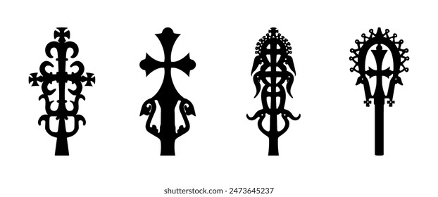 Animalistic cross set, Christian symbol isolated silhouette icons collection. Unique religion signs.