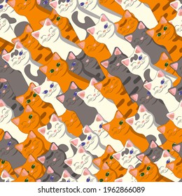 Animalistic diagonally inclined pattern with white, ginger, gray, stripped, tabby and spotted cats