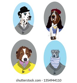 Animalistic dog portraits vector chow chow, saint Bernard, basset hound, dalmatiner dogs in suits and hats