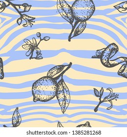 Animalistic hand drawn flat seamless pattern with violet zebra texture and lemons. Citric blossom, fruits and branches sketch on pastel yellow background.