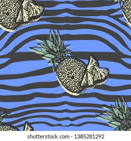 Animalistic hand drawn flat seamless pattern with black zebra texture and pineapples. Pineapple fruits and slices sketch on bright blue background.