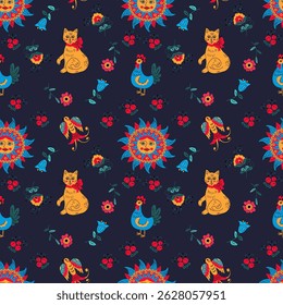 animalistic pattern with cat, sun, flowers and bird