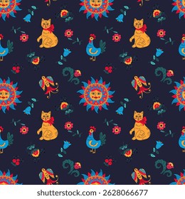 animalistic pattern with cat, sun, flowers and bird on blue background