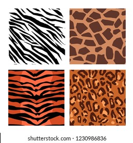 animalistic patterns set-tiger, zebra,giraffe,leopard fur pattern. Abstract cartoon patterns.