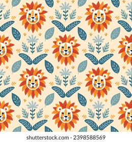 Animalistic seamless pattern, abstract lion on a light colored background