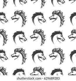 Animalistic seamless pattern with engrawing horses heads on white background