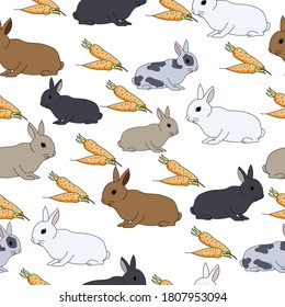 Animalistic seamless pattern with rabbits of various colors and carrots, cute pets and bright vegetables on a white background, vector illustration for design and creativity