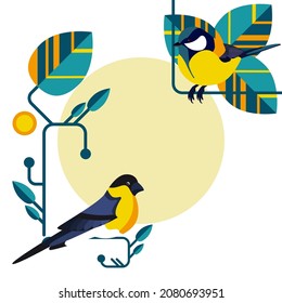 animalistic Template. Modern geometric abstract floral style. vector illustration on a floral motive. the beginning of spring. Flowers, plants, birds, lines, simple shapes. Perfect for a poster, cover