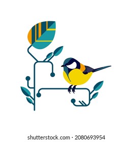 animalistic Template. Modern geometric abstract floral style. vector illustration on a floral motive. the beginning of spring. Flowers, plants, birds, lines, simple shapes. Perfect for a poster, cover