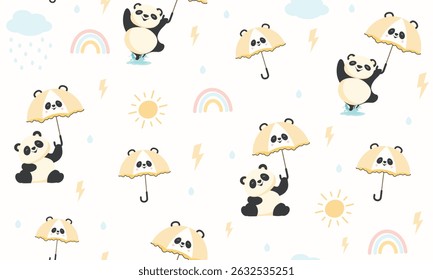 Animalistic Umbrella with cute kawaii animal panda seamless pattern. Rainy weather kids background for fabric textile surface design. Vector illustration, cute panda seamless pattern, rainbow, cloud