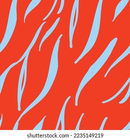 Animalistic vector seamlss pattern in neon colors. Tiger or zebra thin stripes light blue on orange