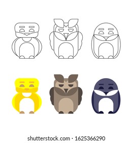 Conjunto de vetores animalísticos. Pássaros. Coruja, galinha, pinguim. Formas geométricas, estilização. Contorno e imagem colorida. Logotipo ou emblema para design infantil
