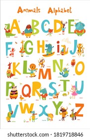 Animals ABC with big letters. Full Animals alphabet. Set of funny hand drawn wild animals characters. Great for your design ideas, cards, posters and kids room decoration.