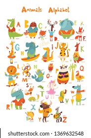 Animals ABC. Full Animals alphabet. Set of funny hand drawn wild animals. Great for your design ideas, cards, posters and kids room decoration. 