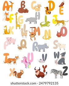 Animals ABC. Full Animals alphabet. Set of funny hand drawn wild animals. Great for your design ideas, cards, posters and kids room decoration.