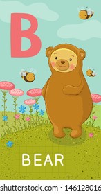 Animals ABC, letter B. Bear in alphabet card. 