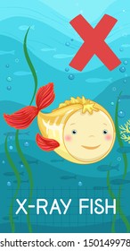 Animals ABC, letter X. X-ray fish in alphabet card. 