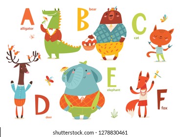 Animals ABC. Part 1 of full Animals alphabet. Set of funny hand drawn wild animals. Great for your design ideas, cards, posters and kids room decoration. 