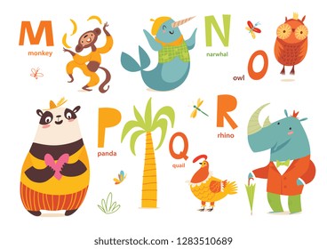 Animals ABC. Part 3 of full Animals alphabet. Set of funny hand drawn wild animals. Great for your design ideas, cards, posters and kids room decoration. 