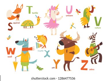 Animals ABC. Part 4 Of Full Animals Alphabet. Set Of Funny Hand Drawn Wild Animals. Great For Your Design Ideas, Cards, Posters And Kids Room Decoration. 