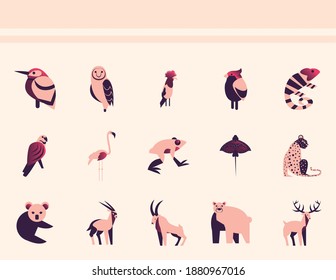 diseño de colección de iconos de estilo abstracto de animales, zoológico y tema de vida Ilustración vectorial