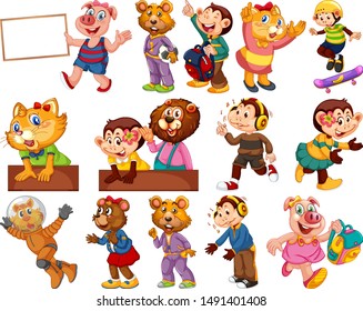 Animals acting in human-like actions and poses illustration