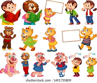 Animals acting in human-like actions and poses illustration