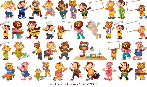 Animals acting in human-like actions and poses illustration