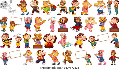 Animals acting in human-like actions and poses illustration