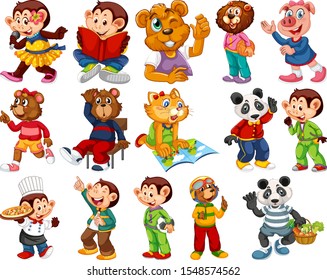 Animals acting in human-like actions and poses illustration