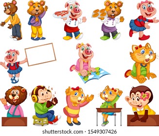 Animals acting in human-like actions and poses illustration