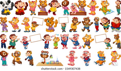 Animals acting in human-like actions and poses illustration