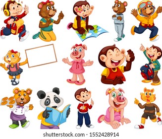Animals acting in human-like actions and poses illustration
