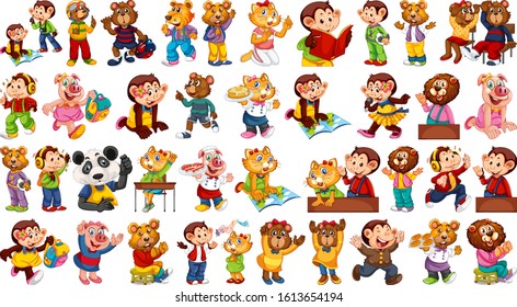 Animals acting in human-like actions and poses illustration