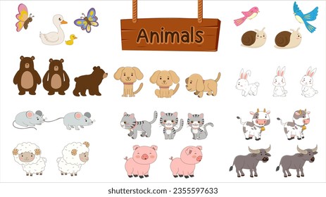 animals action duck butterfly bear mouse sheep dog cat pig bird snail rabbit cow buffalo