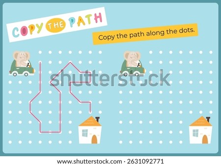 Animals activities for kids. Copy the path for elephant. Logic games for children. Vector illustration. Flash card for activity book.