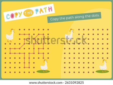 Animals activities for kids. Copy the path for Goose. Logic games for children. Vector illustration. Flash card for activity book.