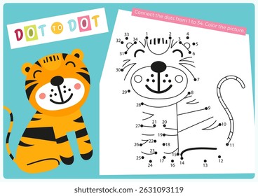 Animals activities for kids. Dot to dot game – little tiger. Connect the dots. Numbers games for kids. Coloring page. Vector illustration. Learning numbers. Fine motor skills. Page for activity book.