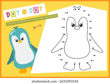 Animals activities for kids. Dot to dot game – little penguin. Connect the dots. Numbers games for kids. Coloring page. Vector illustration. Learning numbers. Fine motor skills. Page for activity book