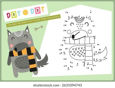 Animals activities for kids. Dot to dot game – little wolf. Connect the dots. Numbers games for kids. Coloring page. Vector illustration. Learning numbers. Fine motor skills. Page for activity book.