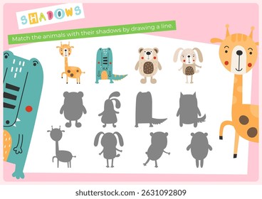 Animals activities for kids. Find the correct shadow for animals. Vector illustration. Game for Activity Book Flash card. Matching Game to boost attention and focus.