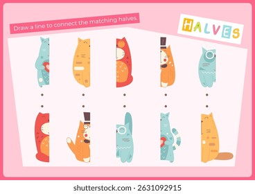 Animals activities for kids. Find the correct halves for cats. Vector illustration. Matching game. Flash card for Activity Book.
