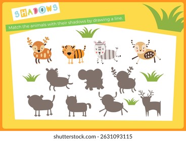 Animals activities for kids. Find the correct shadow for animals. Vector illustration. Game for Activity Book Flash card. Matching Game to boost attention and focus.